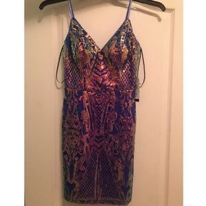 Spaghetti Strap V-Neck Patterned Iridescent Sequin Sheath Dress Royal Blue